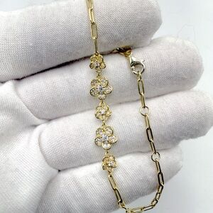 7” Gold Plated .925 Sterling Silver Cz Flower Design Bracelet